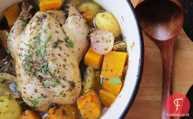 Pollo in una pentola (Poule au Pot) con patate e zucca