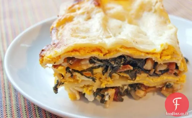 Lasagna di zucca con verdure brasate di pancetta e besciamella