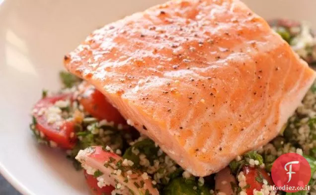 Salmone Atlantico al forno lento con Tabouli di Farina, anche