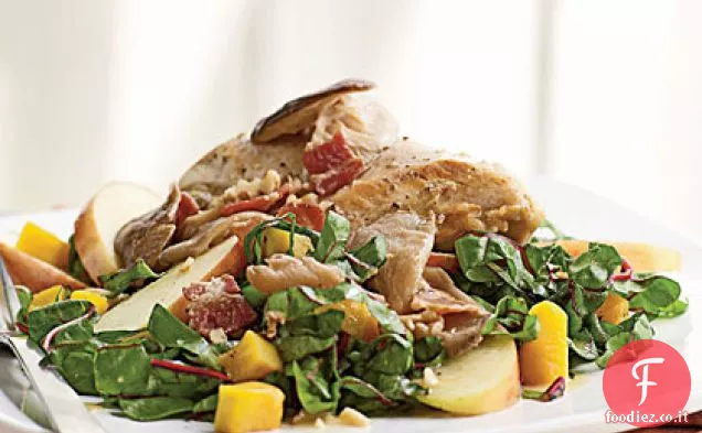 Pollo arrosto in padella, zucca e insalata di bietole con vinaigrette di pancetta