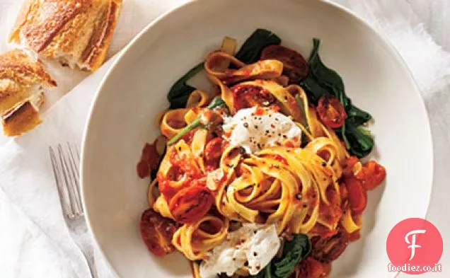 Fettuccine con Pomodori Scottati, Spinaci e Burrata