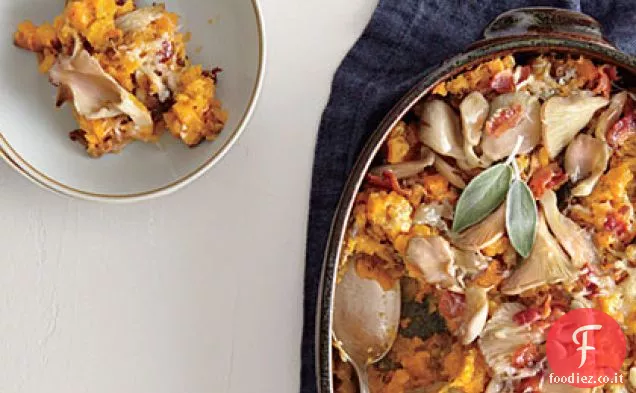Butternut Squash gratinato con funghi selvatici e pancetta croccante