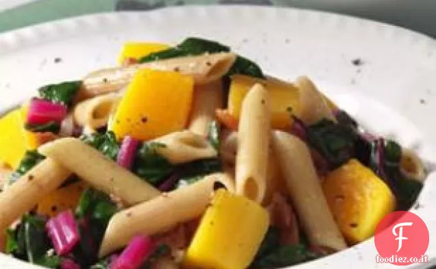 Penne con zucca brasata e verdure