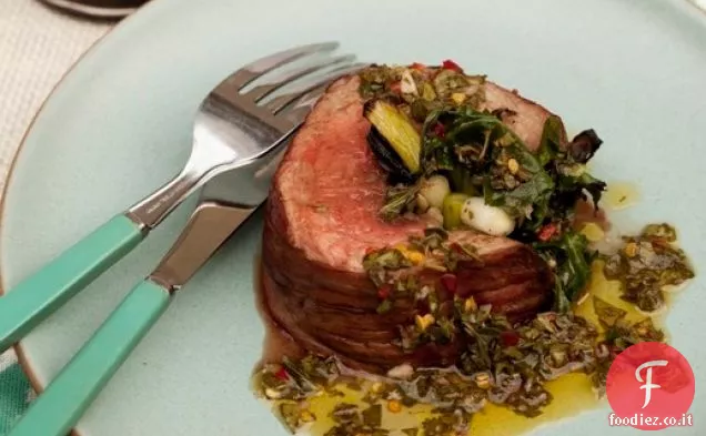 Cuocere il libro: rucola, aglio e cipolla verde ripieni Bistecca fianco