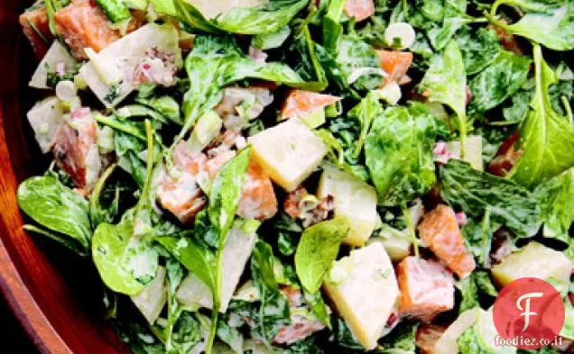 Insalata di due patate con senape creola, pancetta e rucola