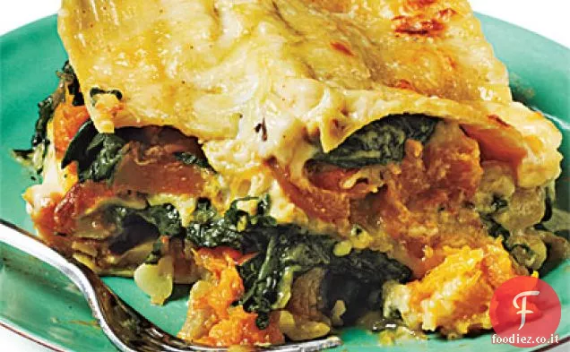 Zucca al burro, cipolla caramellata e lasagne agli spinaci