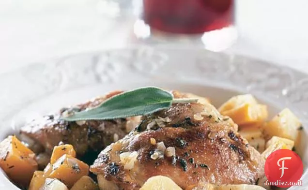 Ortaggi a radice brasati e cosce di pollo
