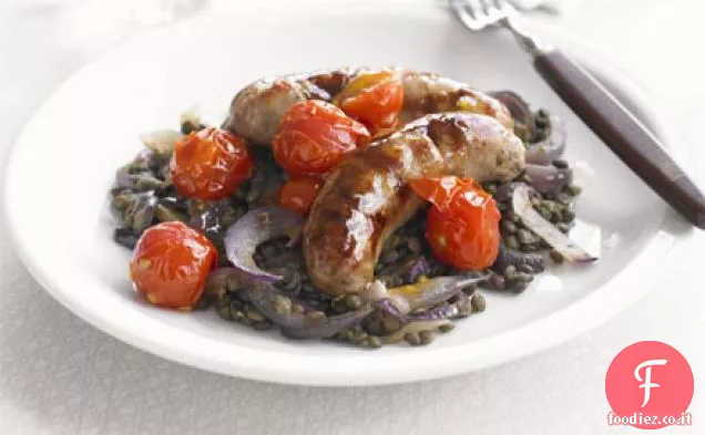 Saucy salsicce arrosto con lenticchie