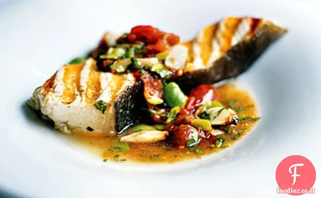 Halibut alla griglia con fagioli di Lima e salsa di pomodoro arrosto