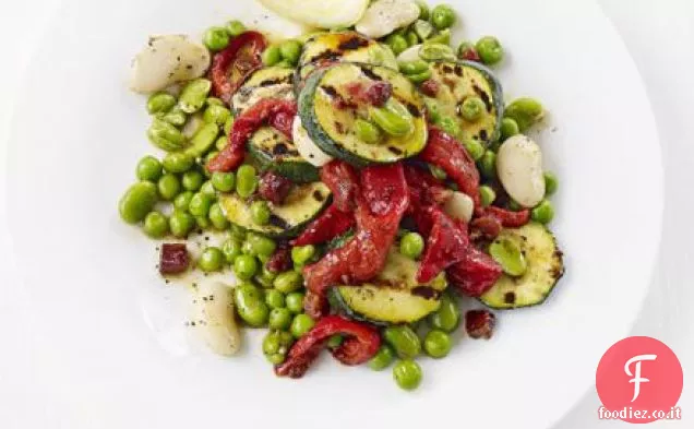 Fagioli al burro, zucchine grigliate, peperoncino arrosto e insalata di chorizo