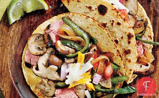 Funghi selvatici, bistecca di fianco e tacos Poblano
