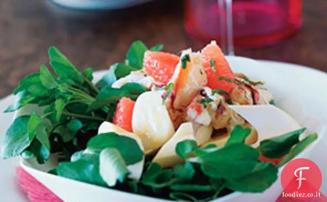 Insalata di cuori di palma con pompelmo rosso rubino e granchio Dungeness