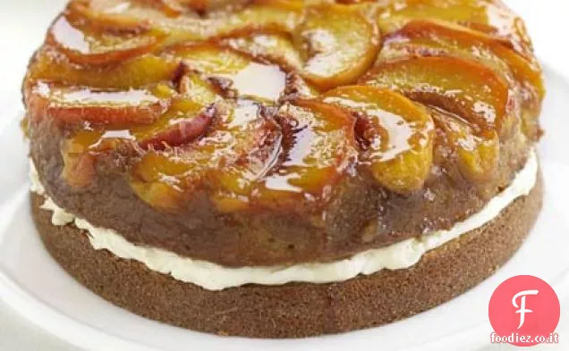 Pesche a testa in giù e torta alla crema