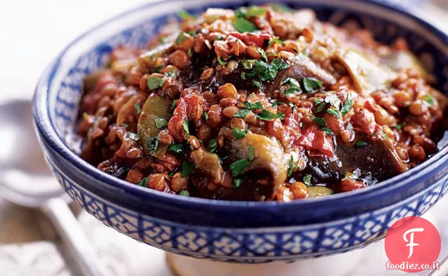 Stufato di melanzane e lenticchie con melassa di melograno