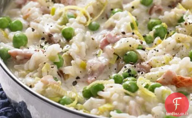 Risotto al forno con porri e pancetta