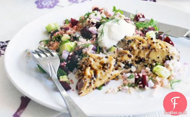 Sgombro affumicato con couscous alle erbe e alla barbabietola