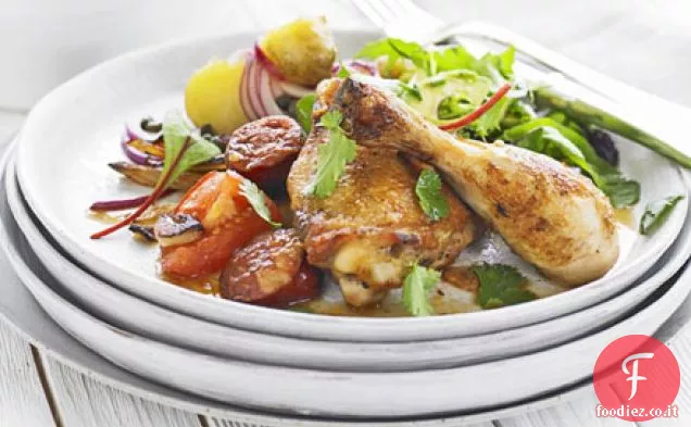 Pollo con chorizo e porri
