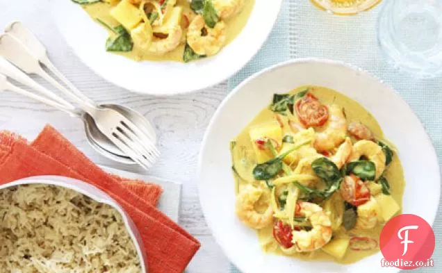 Curry di gamberi di Goan e cocco con riso al cumino