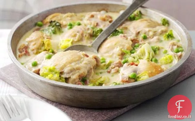 Pollo alla francese con piselli e pancetta