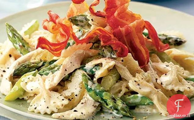 Farfalle con pollo, asparagi e pancetta