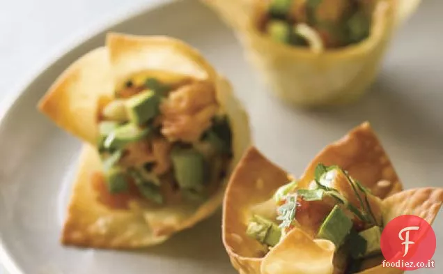 Won Ton Tazze con salmone affumicato a caldo e Avocado