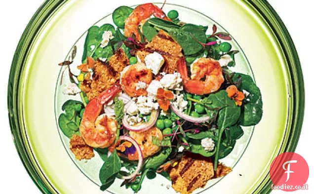 Insalata di spinaci e piselli con gamberi alla griglia