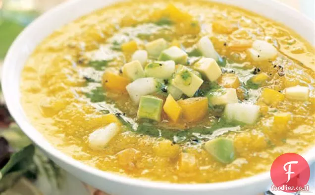 Gazpacho di pomodoro giallo con olio di coriandolo e Avocado