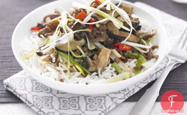 Manzo piccante, shiitake e melanzane saltate in padella