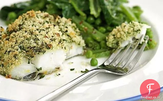 Merluzzo con crosta di limone e prezzemolo e verdure estive