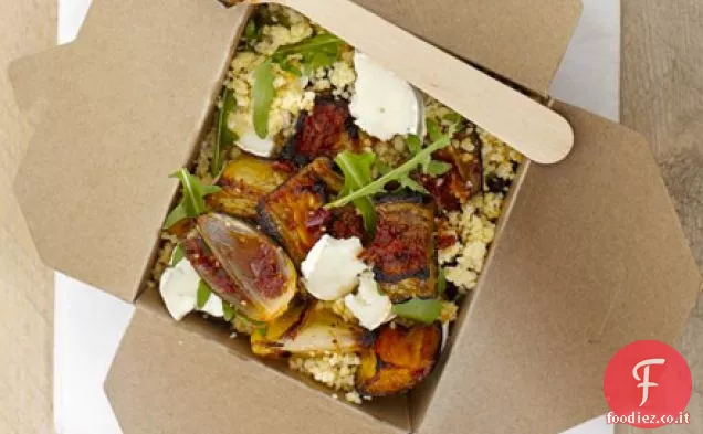 Harissa veg, formaggio di capra e insalata di couscous