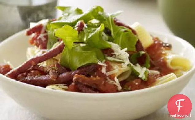 Rigatoni al Peperoncino Arrostiti all'Arrabbiata con Bastoncini di Sopressata