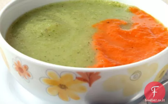 Zuppa di zucchine e finocchi con purea di peperoni rossi arrostiti