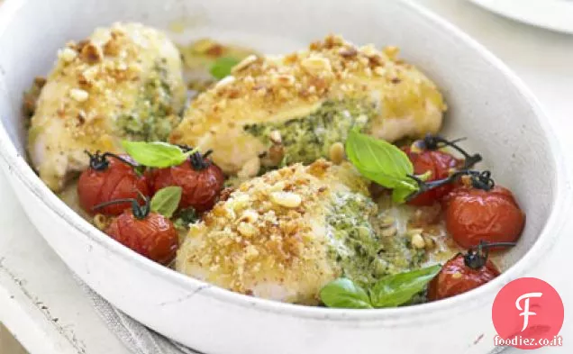 Pollo al pesto cremoso con pomodori arrostiti