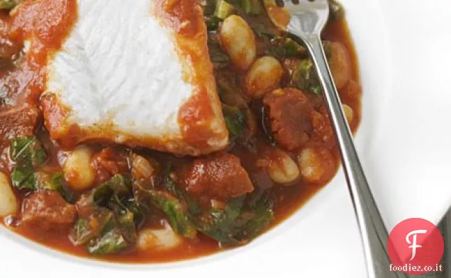 Pesce bianco con fagioli piccanti e chorizo