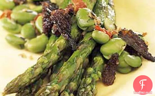 Asparagi arrostiti con Favas fresche e Spugnole
