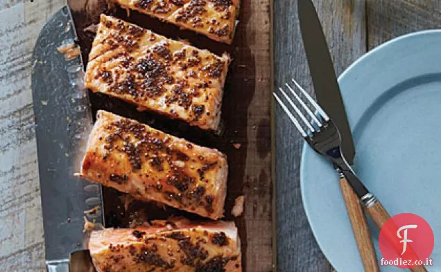 Salmone Planked con smalto acero-Senape