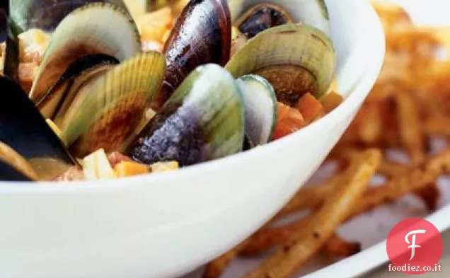 Cozze al curry con fritture al forno