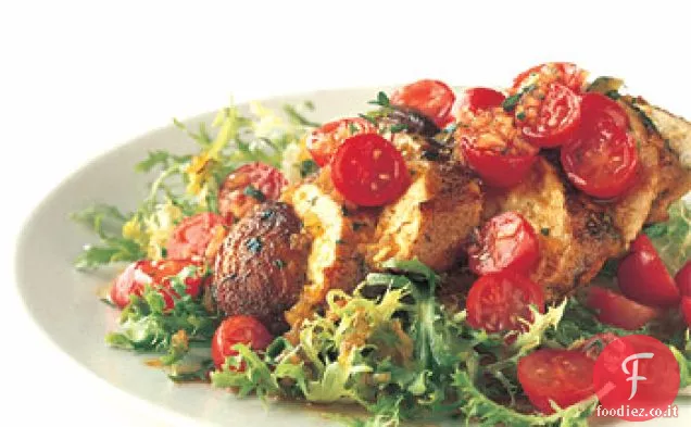 Pollo saltato con Vinaigrette al pomodoro e zafferano su Frisée