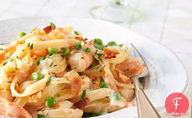 Fettuccine cremose con Gamberi e Pancetta