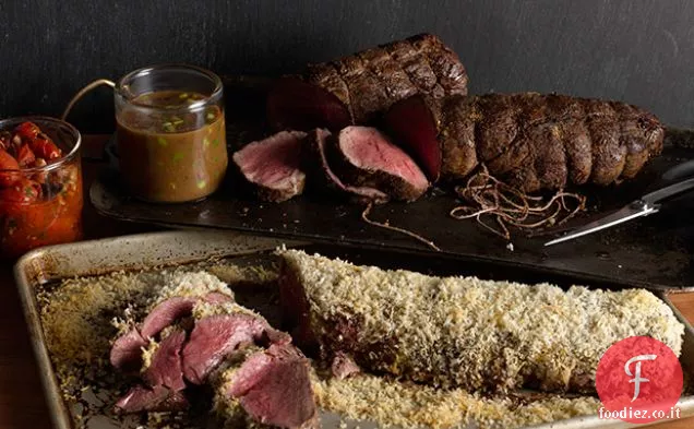 Filetto di manzo al rosmarino con pancetta-Pomodori arrostiti