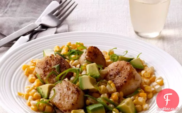 Mais fresco con Avocado, scalogno e Capesante speziate