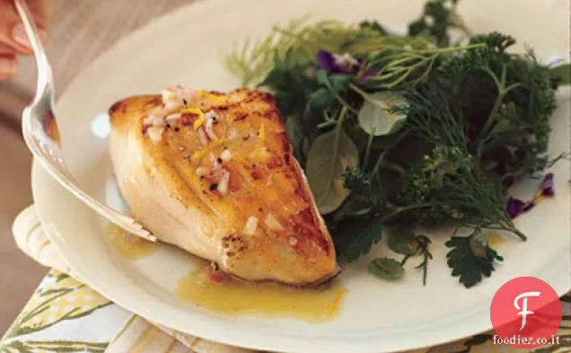 Merluzzo nero saltato con Scalogno e Vinaigrette al limone ed erba fresca