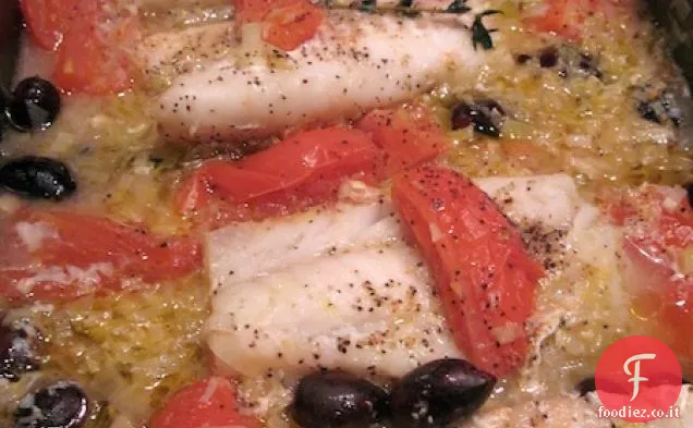 Merluzzo con Porri, Pomodori e olive