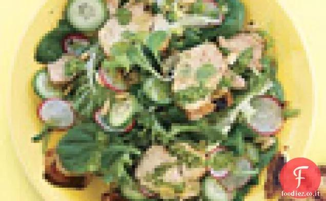 Insalata di pollo alla griglia con ravanelli, cetrioli e pesto di dragoncello
