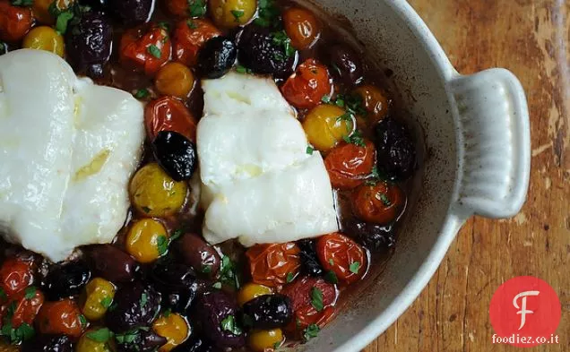 Baccalà Arrosto con Pomodorini e Olive assortite