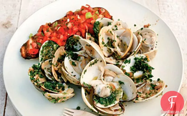 Vongole grigliate allo zenzero e alle erbe con Bruschetta al pomodoro