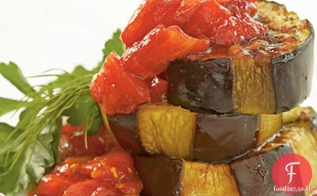 Olio d'oliva-Melanzane brasate con pomodoro fresco e salsa di melograno