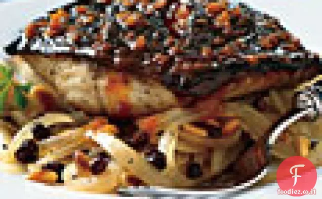 Merluzzo nero con cipolle arrostite in agrodolce