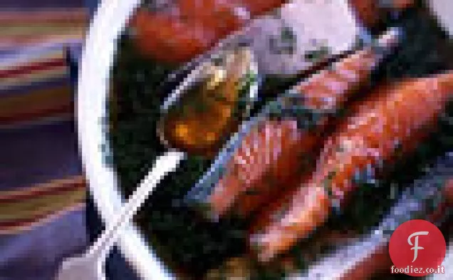 Salmone in salamoia alla griglia e melanzane con finocchio cetriolo gusto