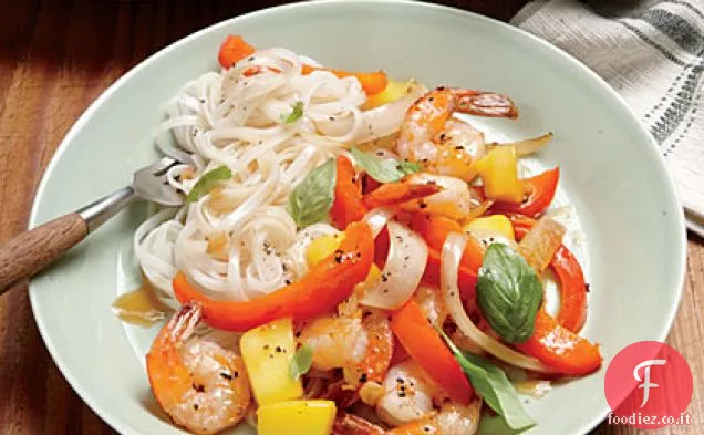 Gamberetti-Mango soffriggere e spaghetti di riso